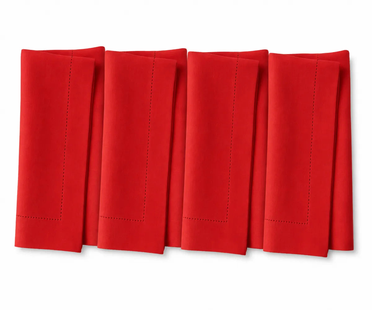 Bold poppy red cotton hemstitch napkins, reusable washable cloth dinner napkins for weddings, holiday tables, dinner parties, and everyday dining. Bold poppy red cotton hemstitch napkins, reusable washable cloth dinner napkins for weddings, holiday tables, dinner parties, and everyday dining.