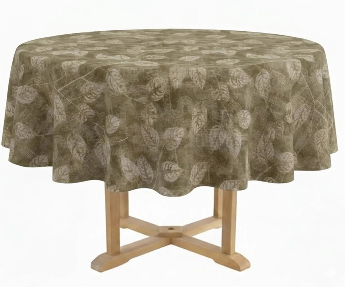 Round table linen with abstract botanical pattern covering a pedestal table in a neutral studio background. Round table linen with abstract botanical pattern covering a pedestal table in a neutral studio background.