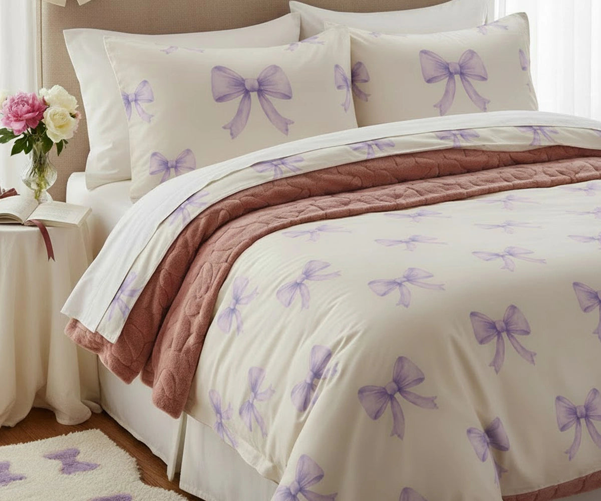 Lavender bow print cotton bedsheet, soft decorative bedding design Lavender bow print cotton bedsheet, soft decorative bedding design