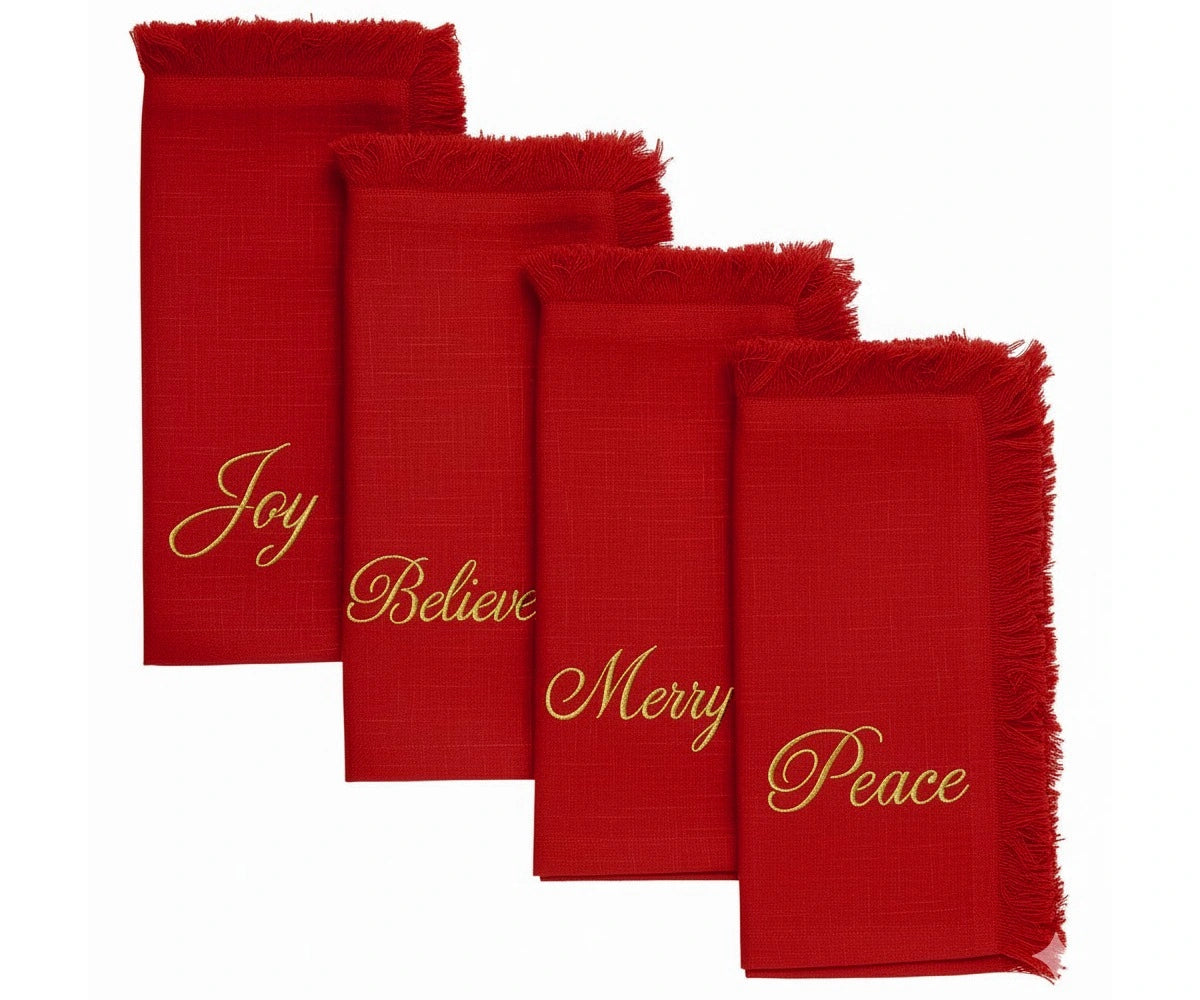 Vibrant red embroidered napkins with gold stitching and fringed edges for elegant holiday dining Vibrant red embroidered napkins with gold stitching and fringed edges for elegant holiday dining
