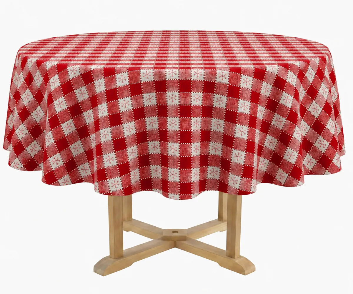Round red and ivory snowflake check tablecloth crafted from cotton, featuring a festive gingham pattern ideal for holiday dining tables. Round red and ivory snowflake check tablecloth crafted from cotton, featuring a festive gingham pattern ideal for holiday dining tables.