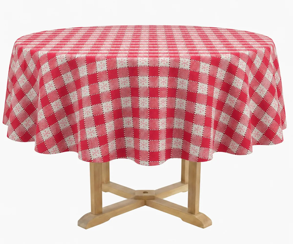 Round red and ivory snowflake check tablecloth crafted from cotton, featuring a festive gingham pattern ideal for holiday dining tables. Round red and ivory snowflake check tablecloth crafted from cotton, featuring a festive gingham pattern ideal for holiday dining tables.