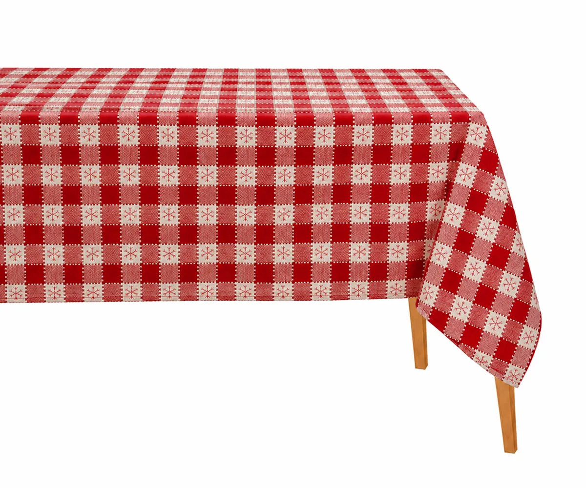 Red and ivory snowflake check rectangle tablecloth made from cotton, featuring a festive gingham pattern for holiday dining and farmhouse table decor. Red and ivory snowflake check rectangle tablecloth made from cotton, featuring a festive gingham pattern for holiday dining and farmhouse table decor.