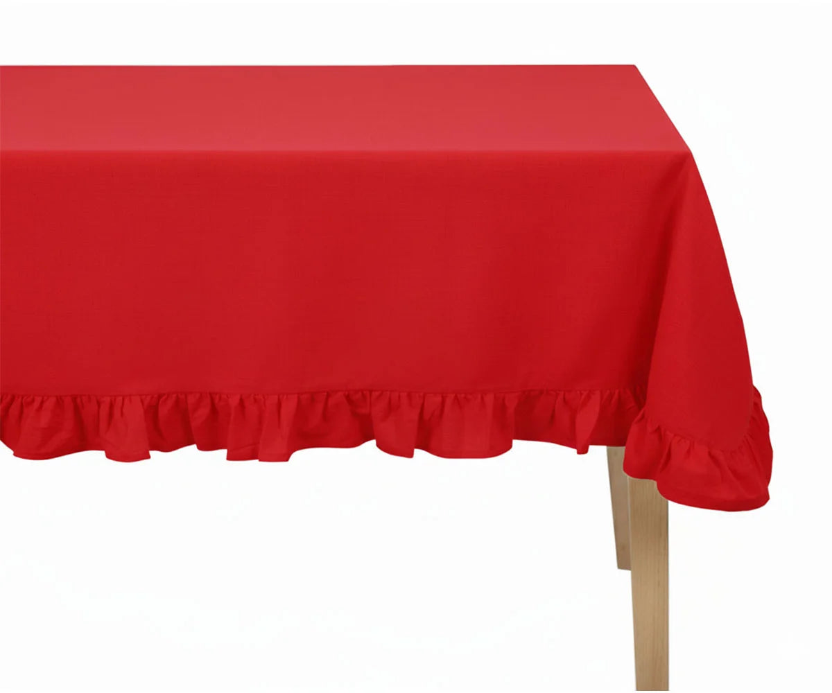 Red round cotton tablecloth with ruffle trim Red round cotton tablecloth with ruffle trim