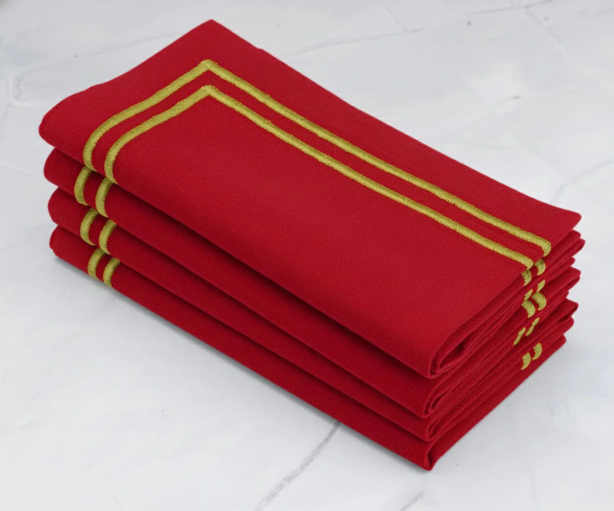 Red cotton napkins with gold border, festive table napkins Red cotton napkins with gold border, festive table napkins