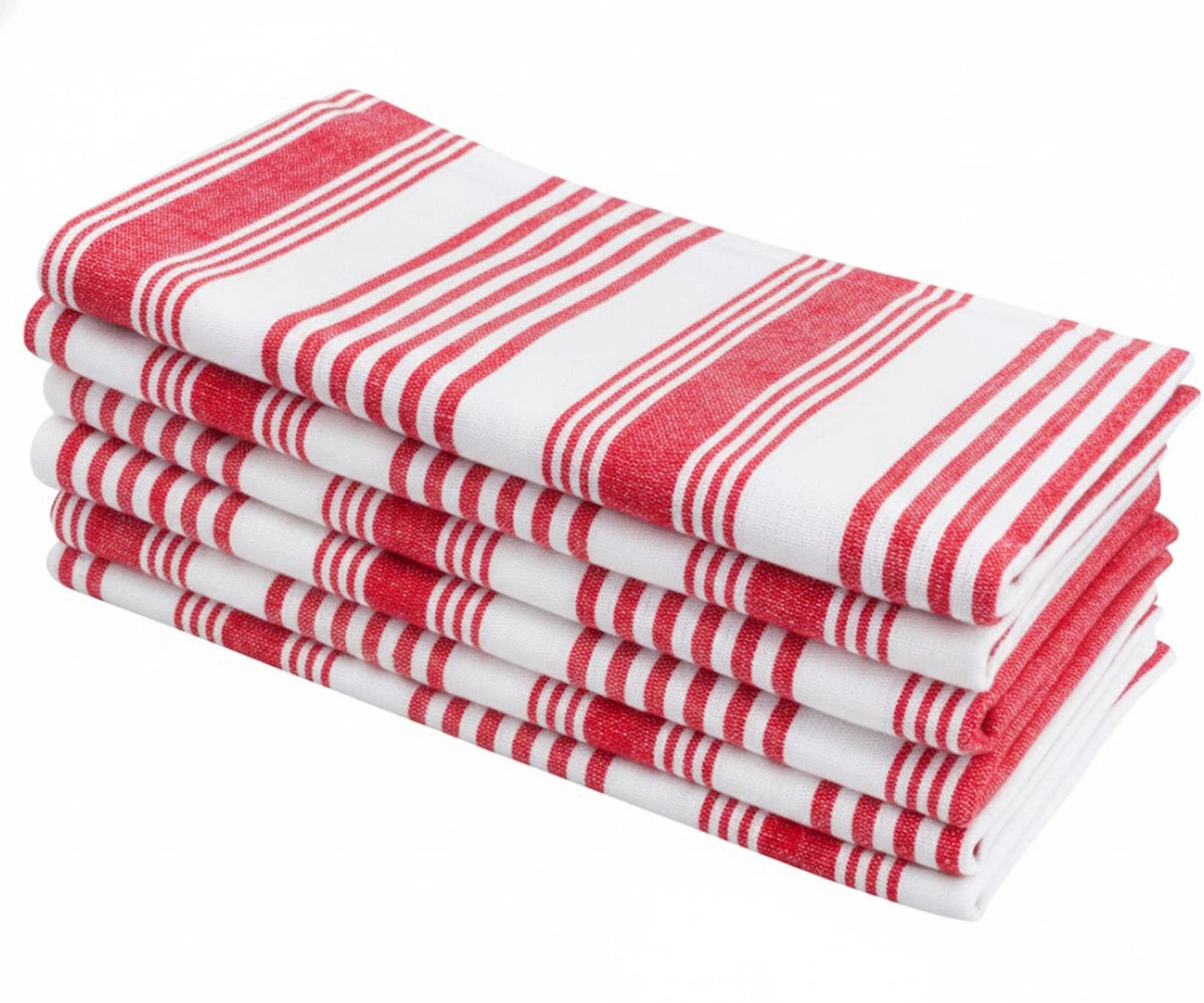 Red striped cotton napkins laid flat Red striped cotton napkins laid flat