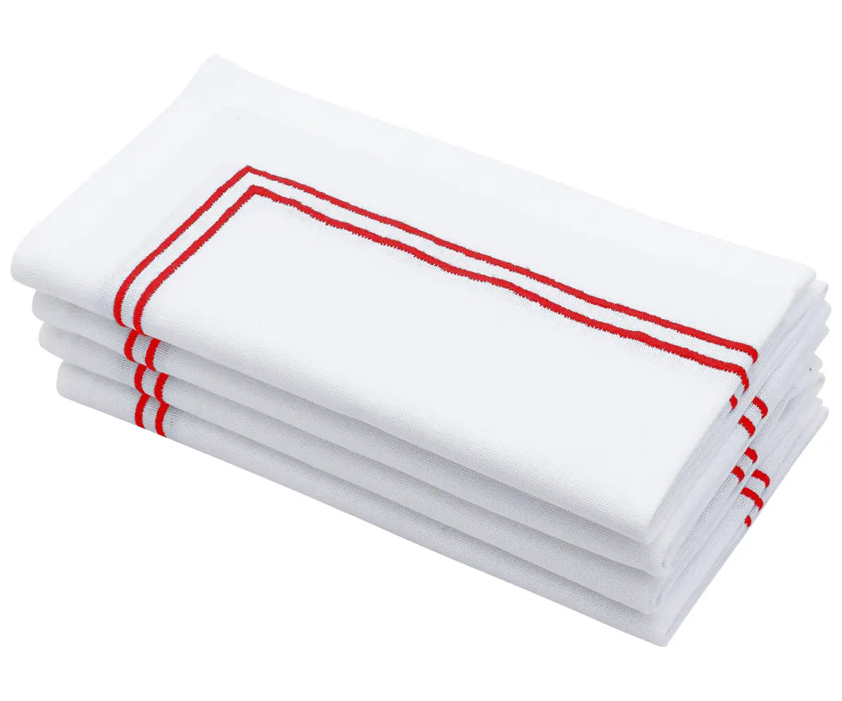 Red napkin with double line embroidery. Red napkin with double line embroidery.