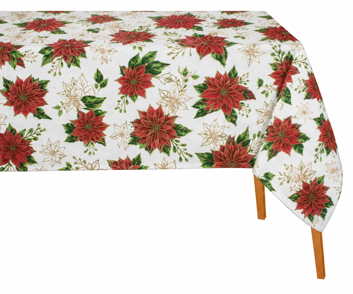 Red poinsettia Christmas tablecloth in premium cotton, rectangle holiday table cover for Christmas table décor, winter celebrations, and festive entertaining. Red poinsettia Christmas tablecloth in premium cotton, rectangle holiday table cover for Christmas table décor, winter celebrations, and festive entertaining.