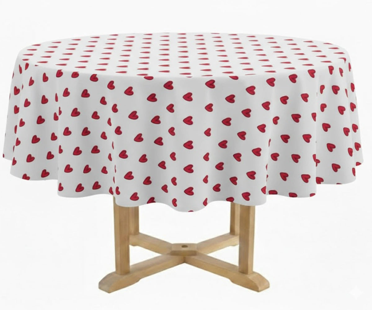 White round tablecloth covered with small red heart patterns, draped over a wooden pedestal table, displayed in a media gallery with a pattern thumbnail preview on the right White round tablecloth covered with small red heart patterns, draped over a wooden pedestal table, displayed in a media gallery with a pattern thumbnail preview on the right