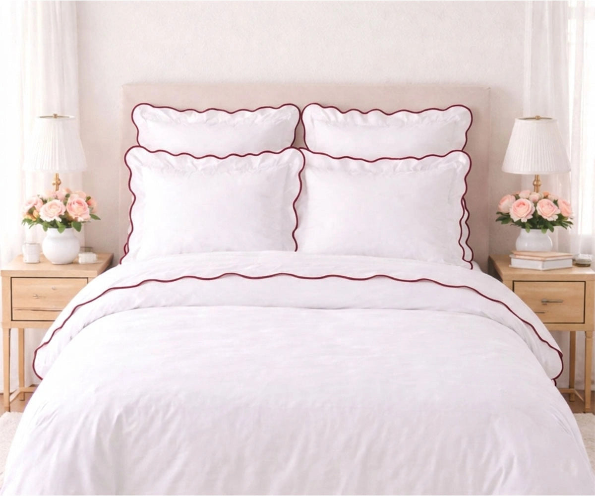 Red scalloped edge cotton bedding set with scalloped trim pillowcases and duvet cover for luxury modern bedroom Red scalloped edge cotton bedding set with scalloped trim pillowcases and duvet cover for luxury modern bedroom