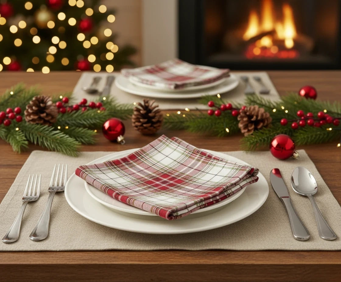 Red buffalo plaid napkins with bold check pattern – farmhouse style cotton table napkins. Red buffalo plaid napkins with bold check pattern – farmhouse style cotton table napkins.