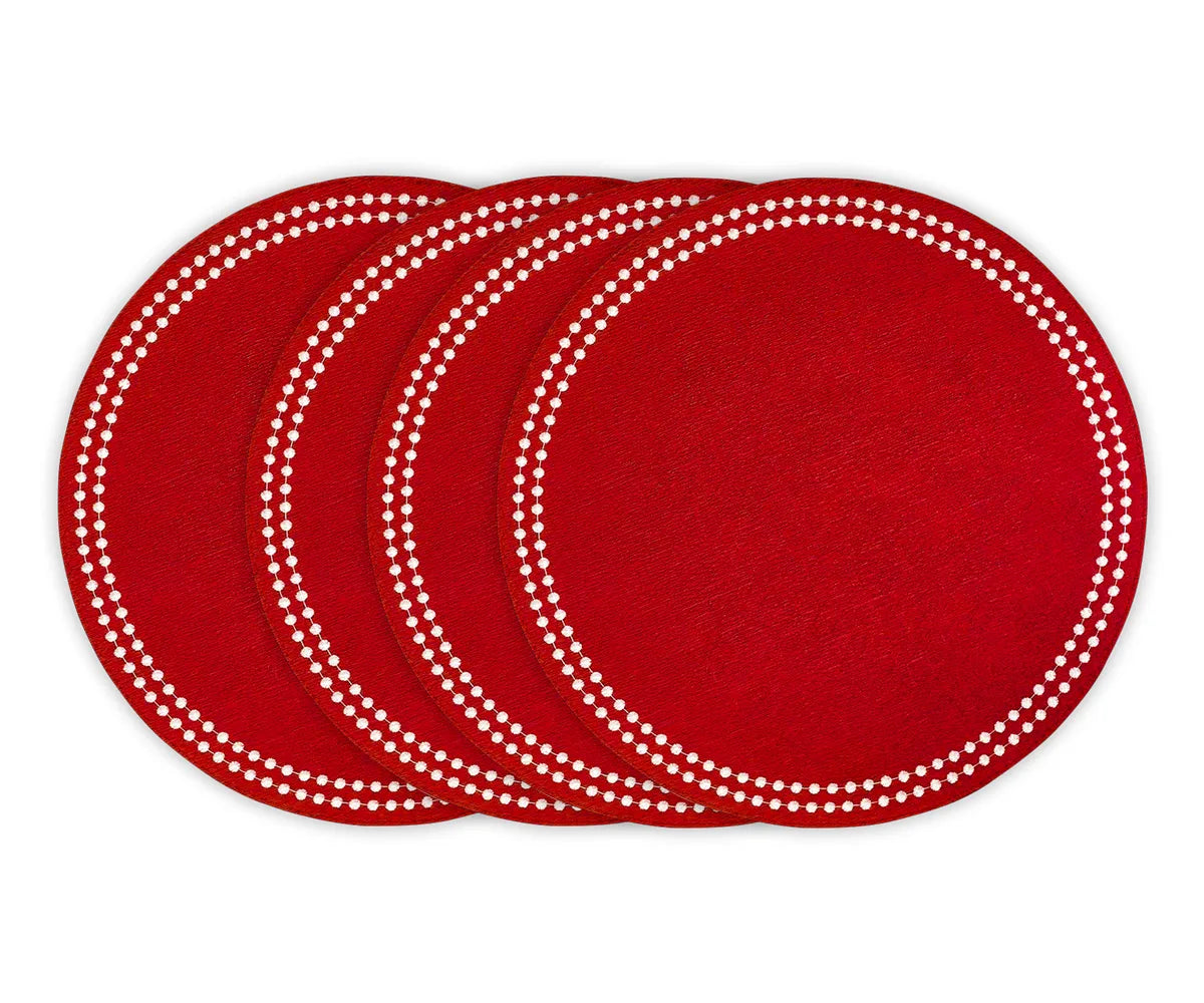 Red cotton round placemats with embroidered pink circles and polka dot trim – set of 4 Red cotton round placemats with embroidered pink circles and polka dot trim – set of 4