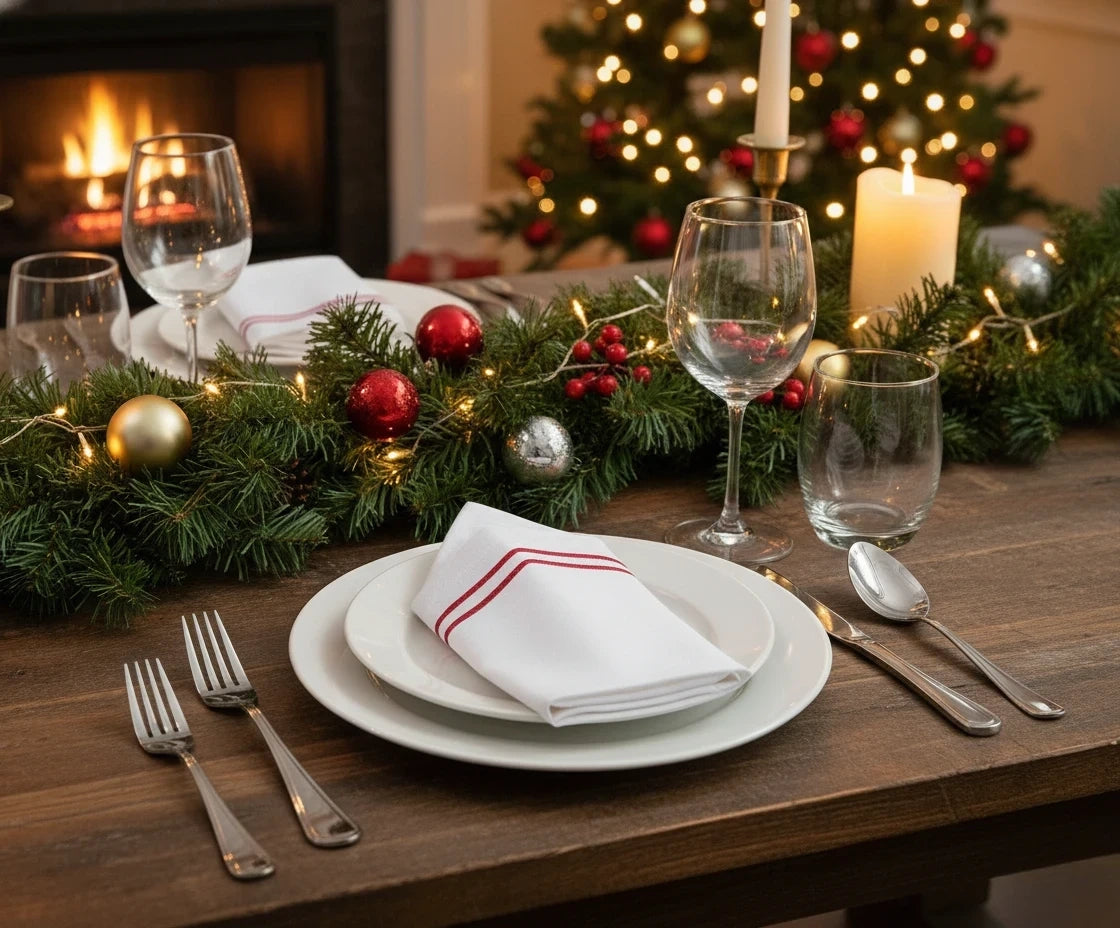 Red napkins with double line embroidery – classic stitched cotton dinner napkins. Red napkins with double line embroidery – classic stitched cotton dinner napkins.