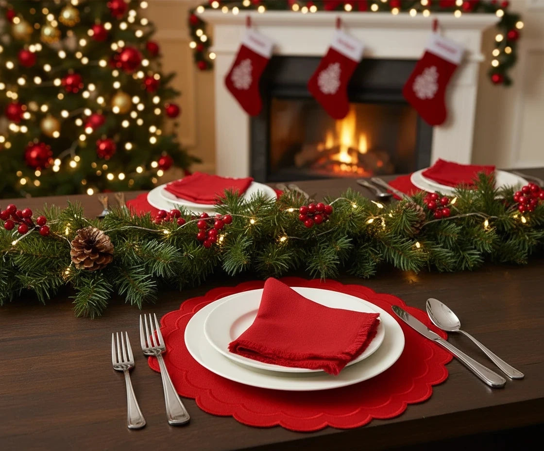 Fringe edge red holiday napkin – embroidered Christmas cloth napkin for table setting. Fringe edge red holiday napkin – embroidered Christmas cloth napkin for table setting.