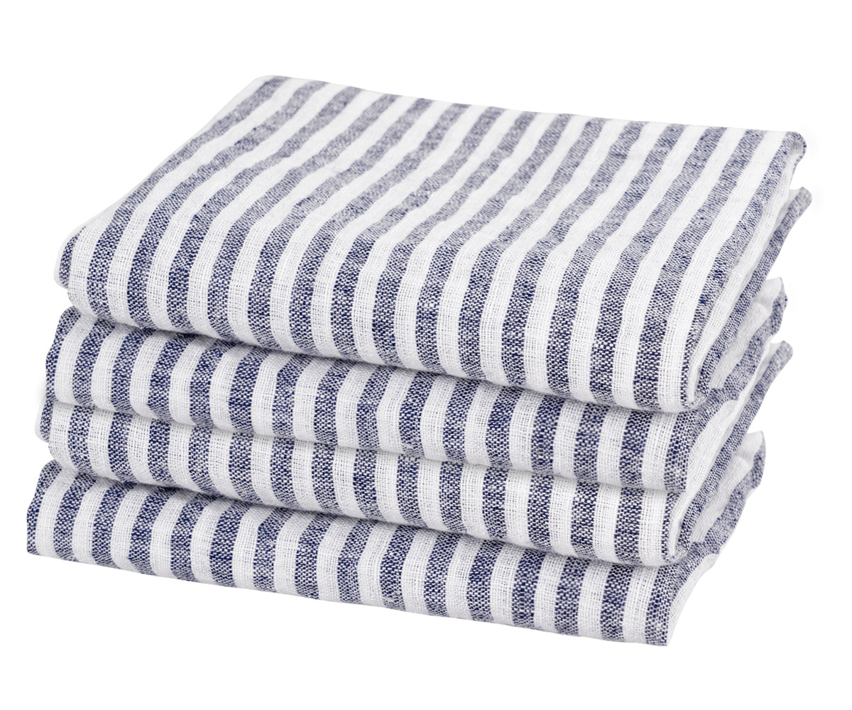 Navy blue linen dinner napkins with classic pinstripe design by All Cotton and Linen for weddings and entertaining guests Navy blue linen dinner napkins with classic pinstripe design by All Cotton and Linen for weddings and entertaining guests