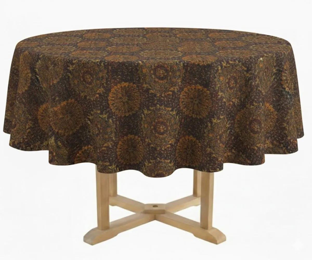 Dark beige round tablecloth with block print inspired pattern, perfect for farmhouse dining tables and elegant everyday décor. Dark beige round tablecloth with block print inspired pattern, perfect for farmhouse dining tables and elegant everyday décor.