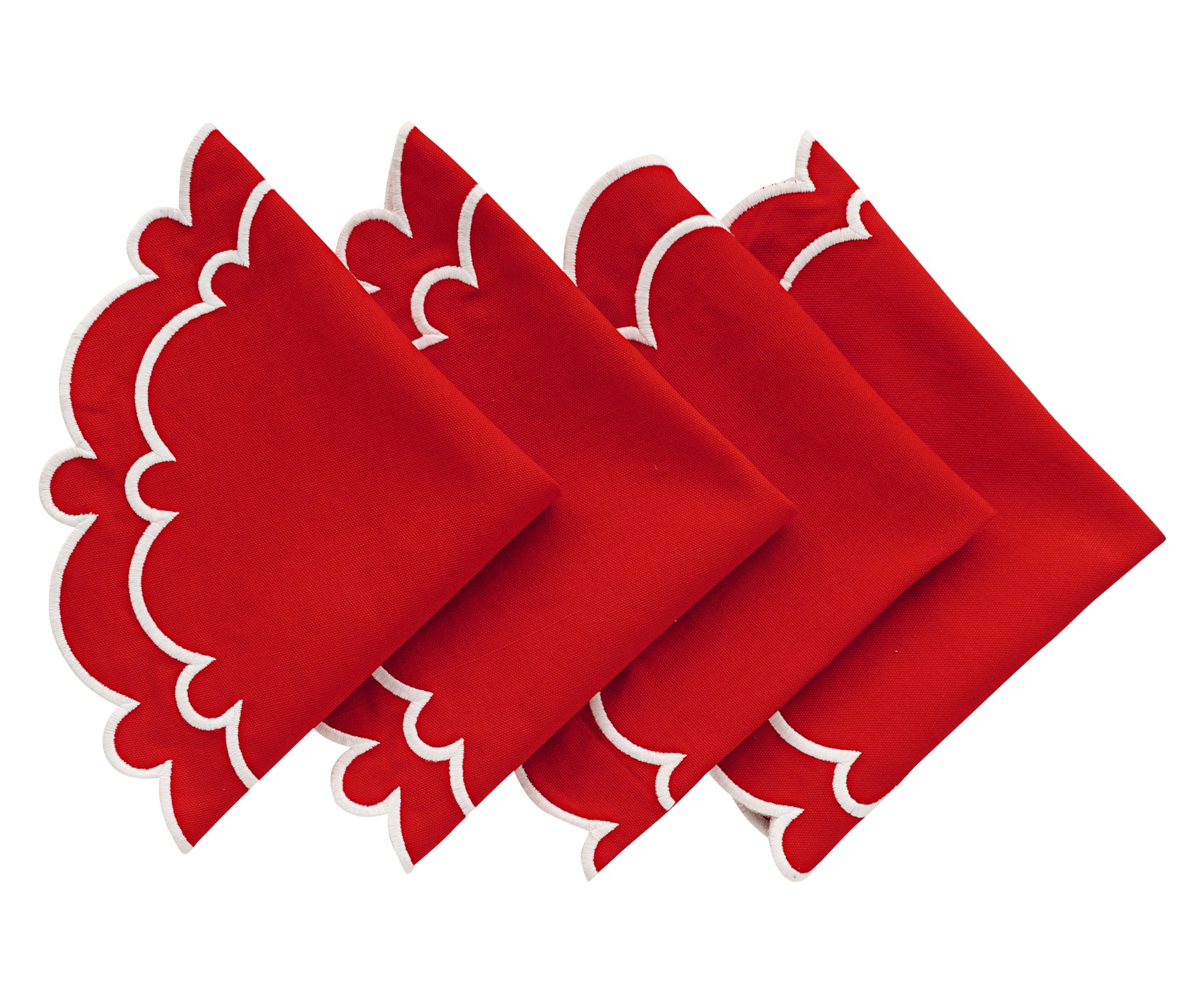 Chic red scalloped placemat with white trim, adding sophistication to a formal dinner table. Chic red scalloped placemat with white trim, adding sophistication to a formal dinner table.