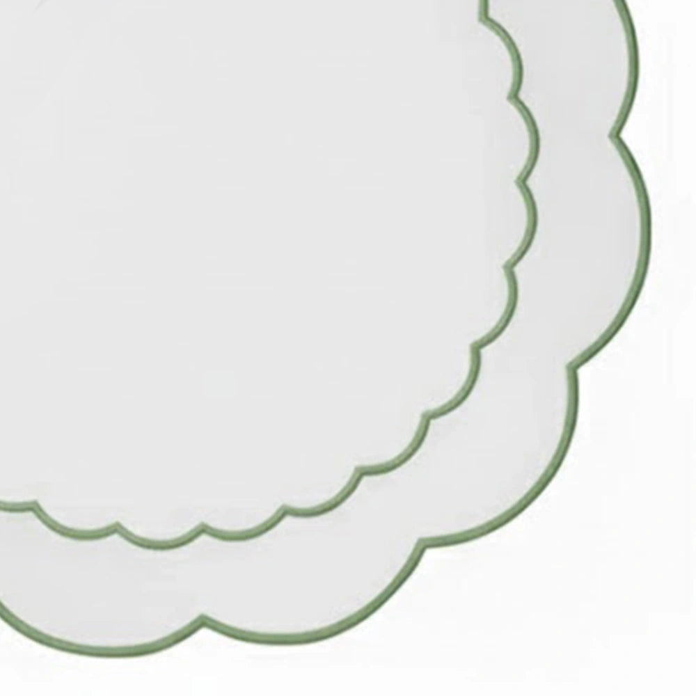 Sage green scalloped edge placemats made from 100% cotton, round white placemats for elegant dining, weddings, and nature-inspired table settings. Sage green scalloped edge placemats made from 100% cotton, round white placemats for elegant dining, weddings, and nature-inspired table settings.