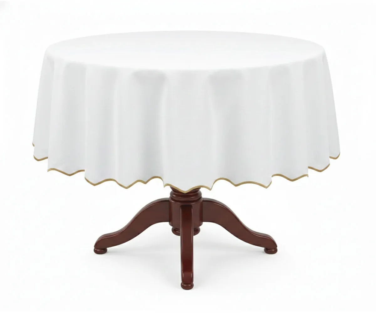 White round cotton tablecloth accented with a soft beige scalloped edge, crafted from 100% cotton for durability and a graceful drape. This white tablecloth with beige trim complements farmhouse and neutral interiors, perfect for dining tables, daily use, brunches, holiday décor, and elegant gatherings. White round cotton tablecloth accented with a soft beige scalloped edge, crafted from 100% cotton for durability and a graceful drape. This white tablecloth with beige trim complements farmhouse and neutral interiors, perfect for dining tables, daily use, brunches, holiday décor, and elegant gatherings.