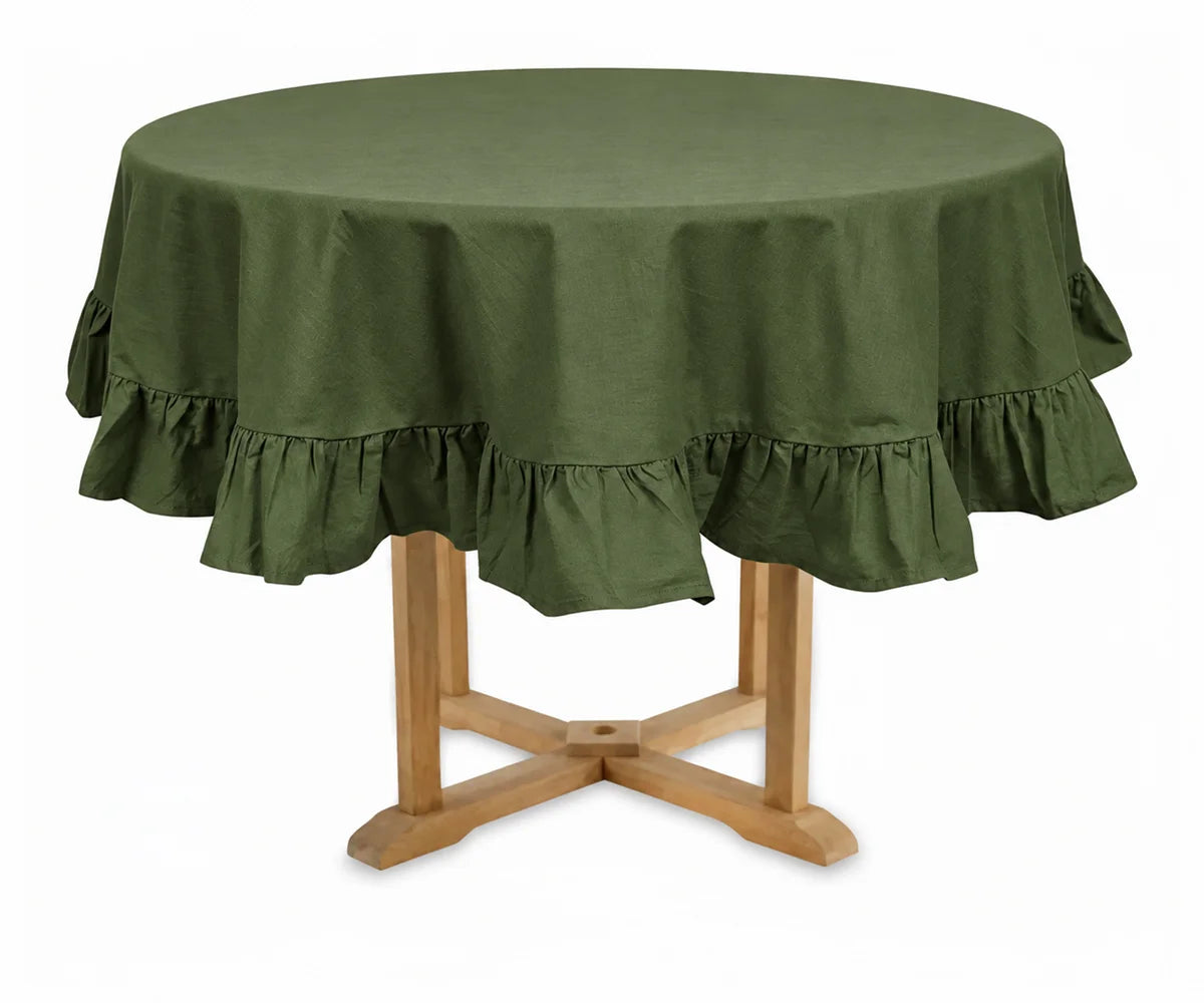 Olive green ruffled tablecloth for wedding, 100% cotton round tablecloth with elegant ruffle edge for farmhouse dining Olive green ruffled tablecloth for wedding, 100% cotton round tablecloth with elegant ruffle edge for farmhouse dining