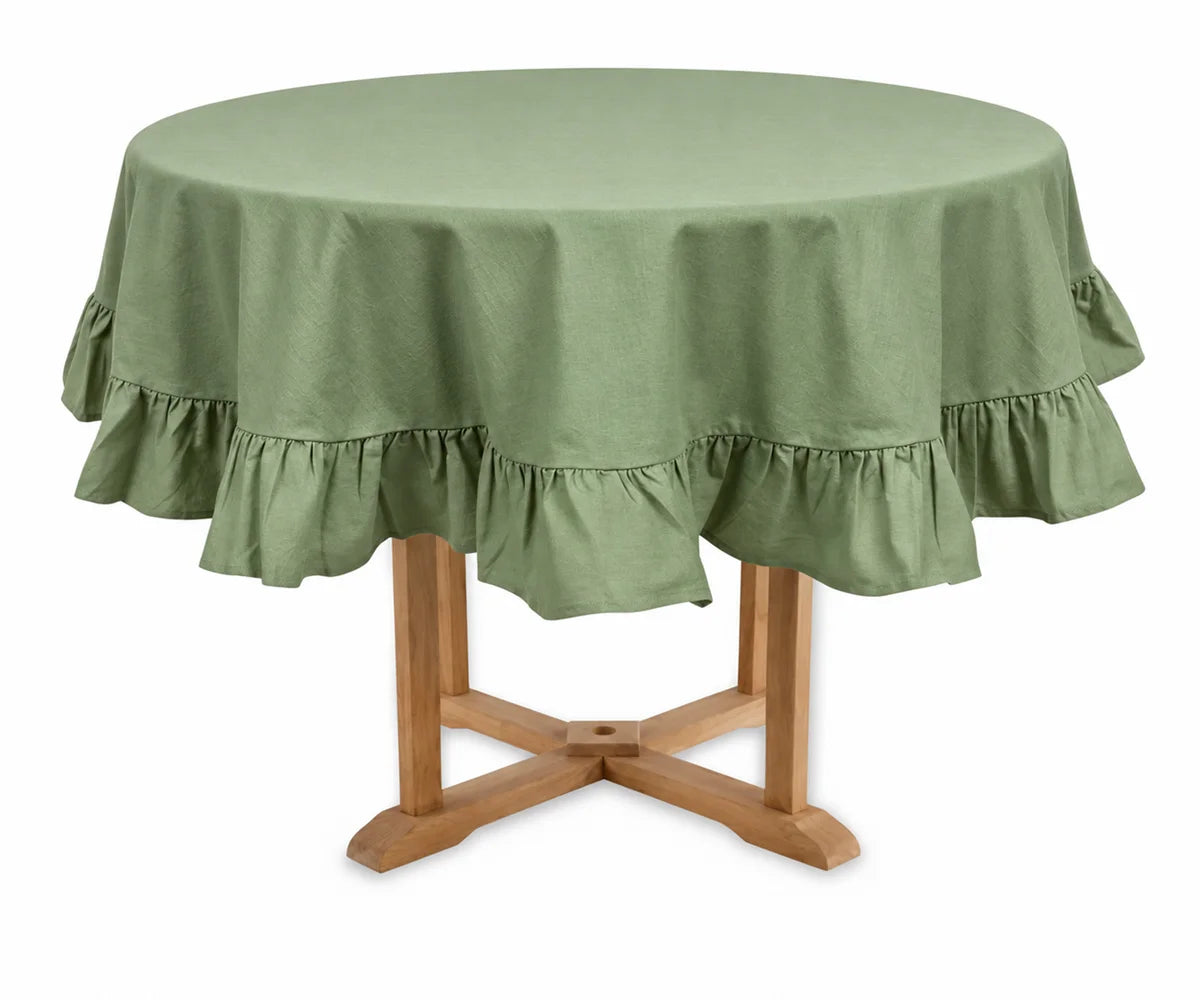 Sage green cotton round tablecloth with ruffle trim, elegant farmhouse table cover for weddings, parties, and casual dining Sage green cotton round tablecloth with ruffle trim, elegant farmhouse table cover for weddings, parties, and casual dining