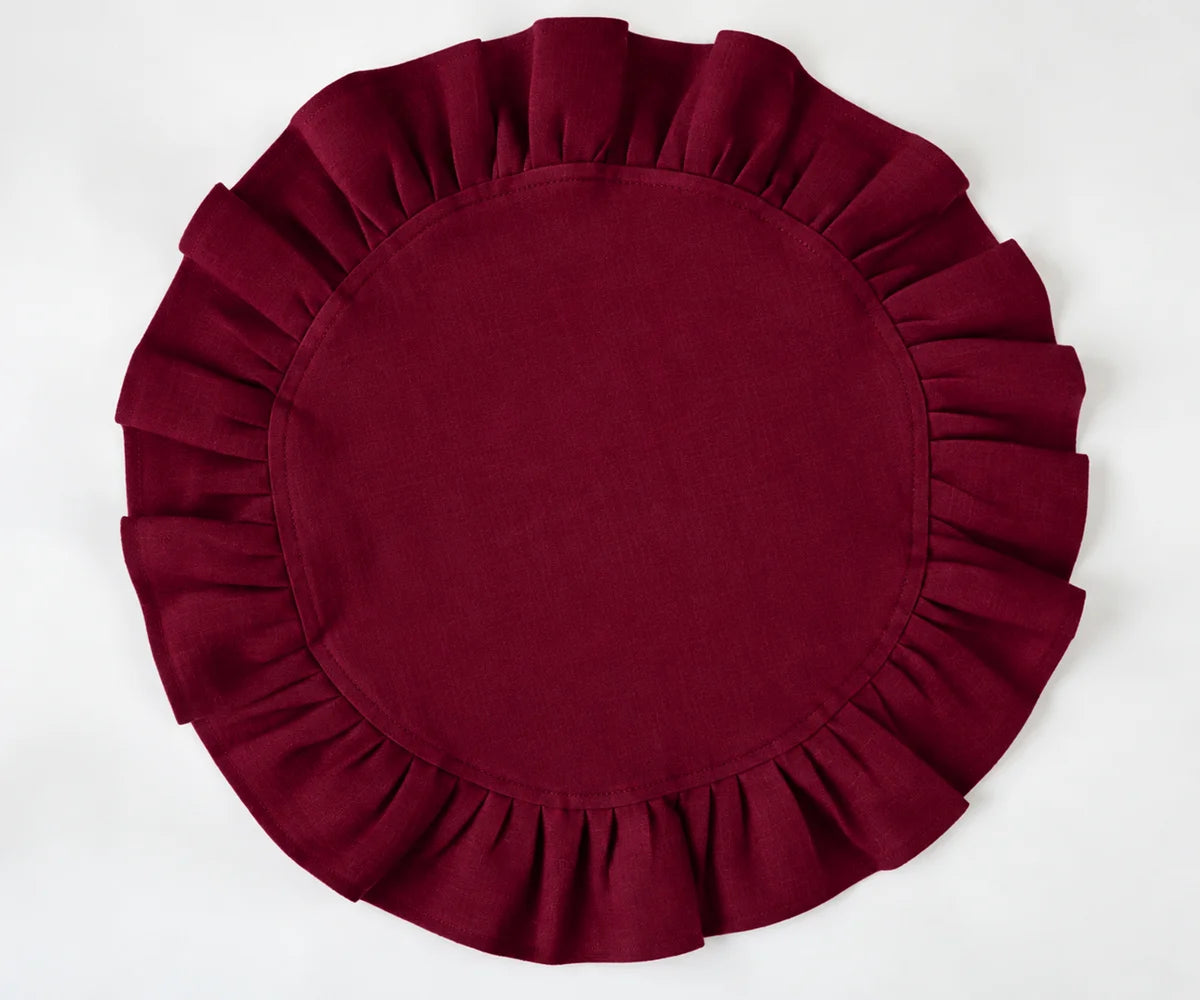 Burgundy ruffle edge linen dinner napkins 100% linen for wedding receptions and formal dining Burgundy ruffle edge linen dinner napkins 100% linen for wedding receptions and formal dining