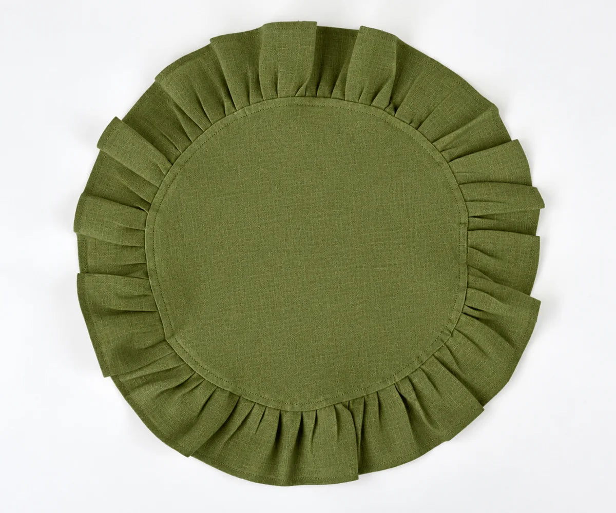 Olive green round linen napkins with ruffled edge for wedding tables, dinner parties, and events Olive green round linen napkins with ruffled edge for wedding tables, dinner parties, and events