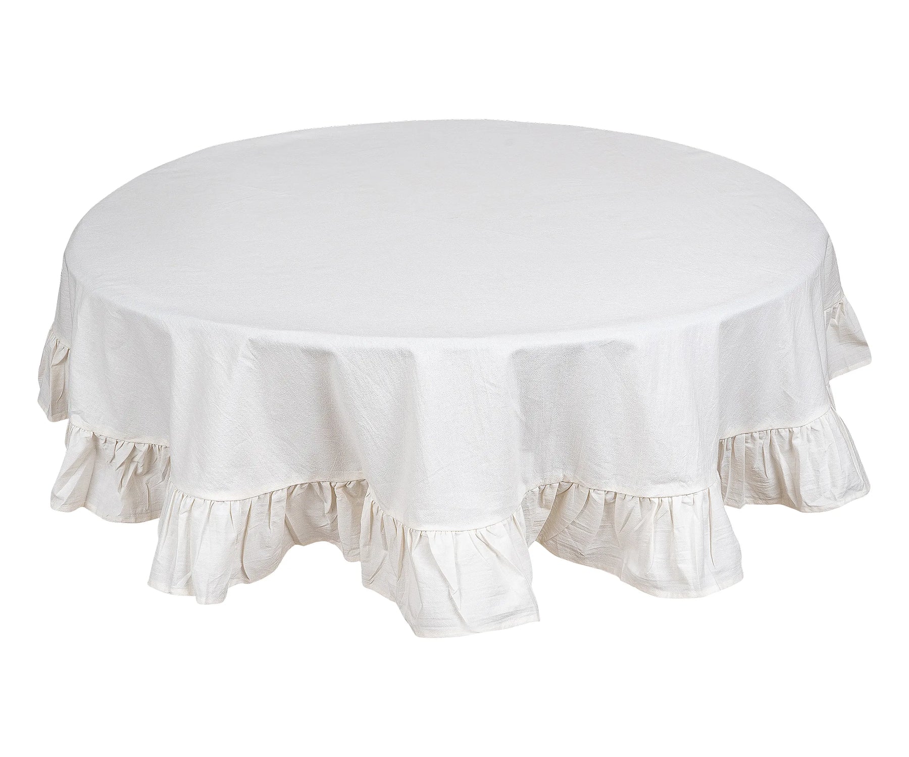 100% cotton round tablecloth with ruffles styled with floral centerpiece 100% cotton round tablecloth with ruffles styled with floral centerpiece