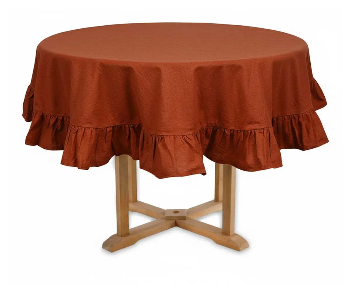 Rust color ruffled round cotton tablecloth for boho weddings and warm rustic table decor Rust color ruffled round cotton tablecloth for boho weddings and warm rustic table decor