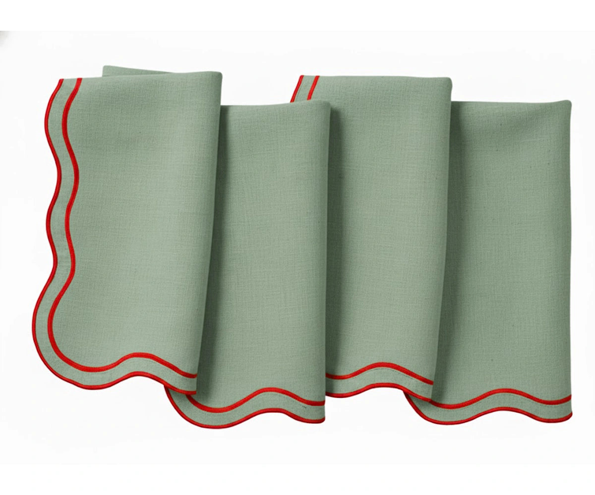 Sage green cotton scalloped napkins with red trim, elegant reusable cloth napkins for dining table decor Sage green cotton scalloped napkins with red trim, elegant reusable cloth napkins for dining table decor