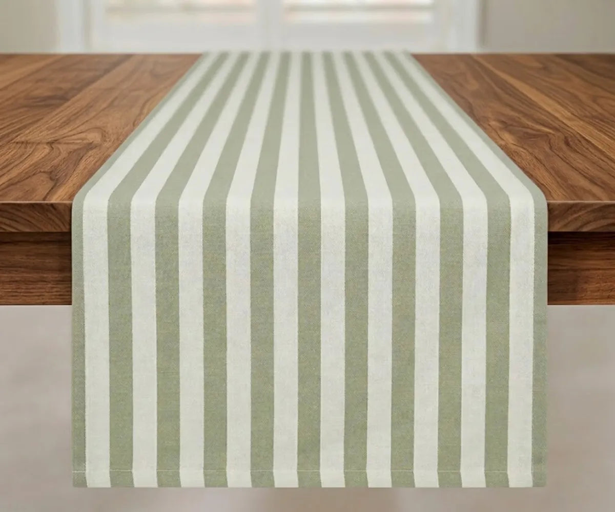 Light sage green striped cotton table runner for dining table décor Light sage green striped cotton table runner for dining table décor