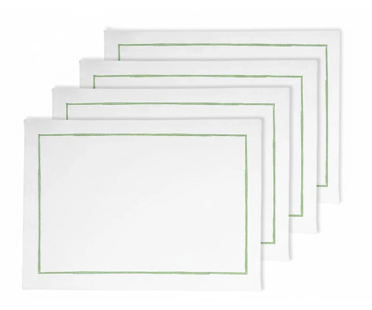 Sage green line embroidered oval placemats crafted from 100% cotton, soft washable table mats for modern farmhouse, minimalist, and everyday dining décor. Sage green line embroidered oval placemats crafted from 100% cotton, soft washable table mats for modern farmhouse, minimalist, and everyday dining décor.