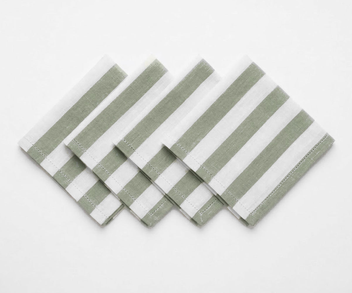 Durable washable fabric napkins with cabana stripe and hemstitch finish Durable washable fabric napkins with cabana stripe and hemstitch finish