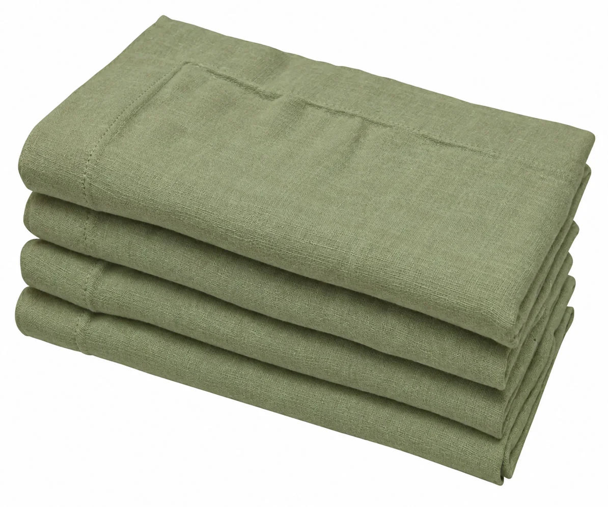 Stack of four solid olive green cotton linen cloth napkins neatly folded. Stack of four solid olive green cotton linen cloth napkins neatly folded.