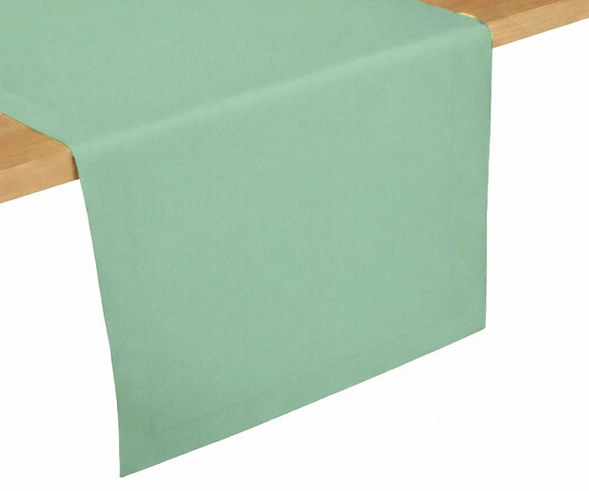 Sage green cotton table runner with clean edges, natural tone table décor for dining and kitchen tables Sage green cotton table runner with clean edges, natural tone table décor for dining and kitchen tables