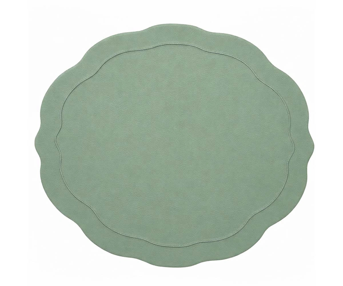 Embroidered sage green oval placemats with double scalloped edge Embroidered sage green oval placemats with double scalloped edge