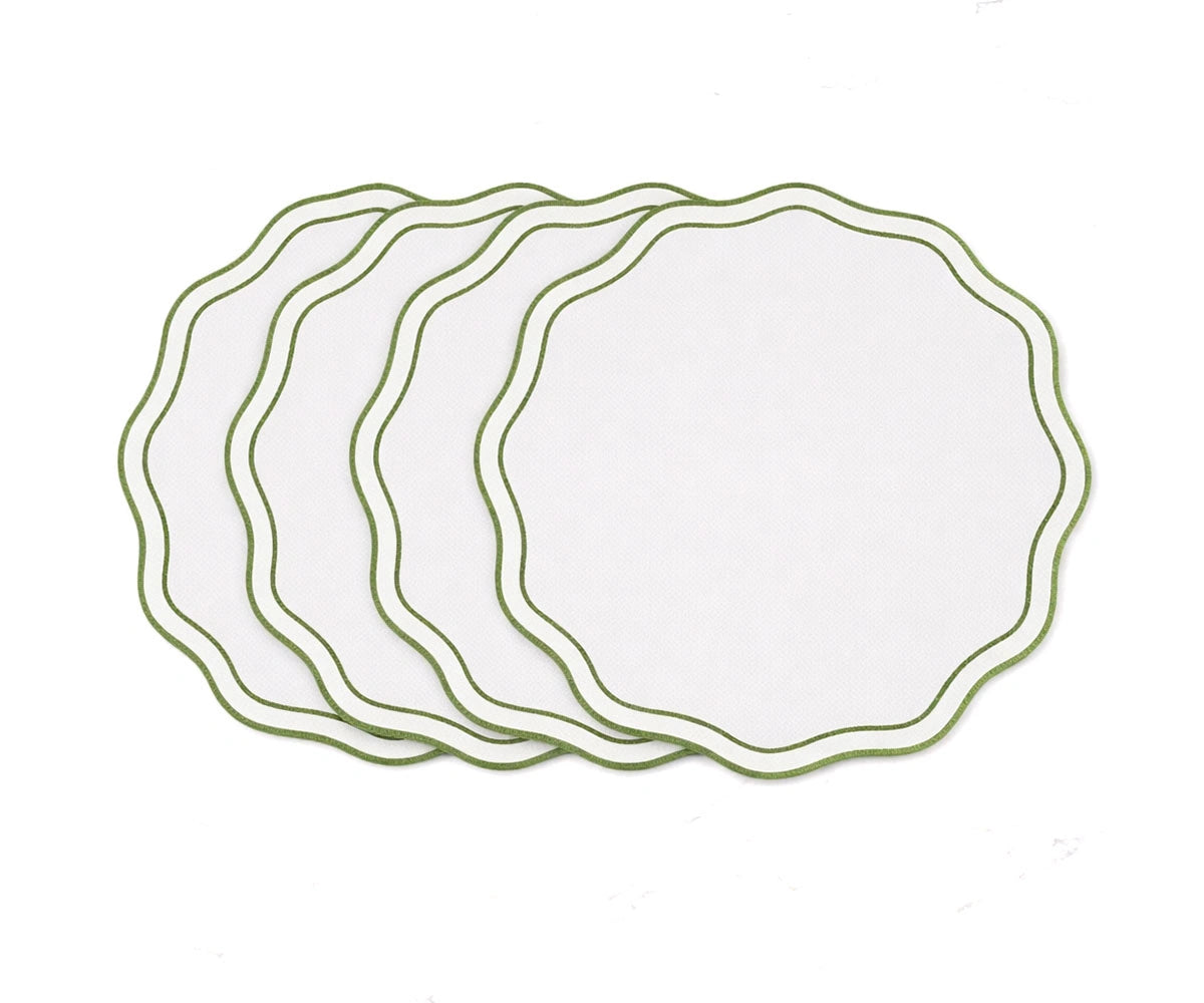 Sage green round embroidered placemats made from 100% cotton with scalloped edge and delicate stitching for elegant dining table décor Sage green round embroidered placemats made from 100% cotton with scalloped edge and delicate stitching for elegant dining table décor
