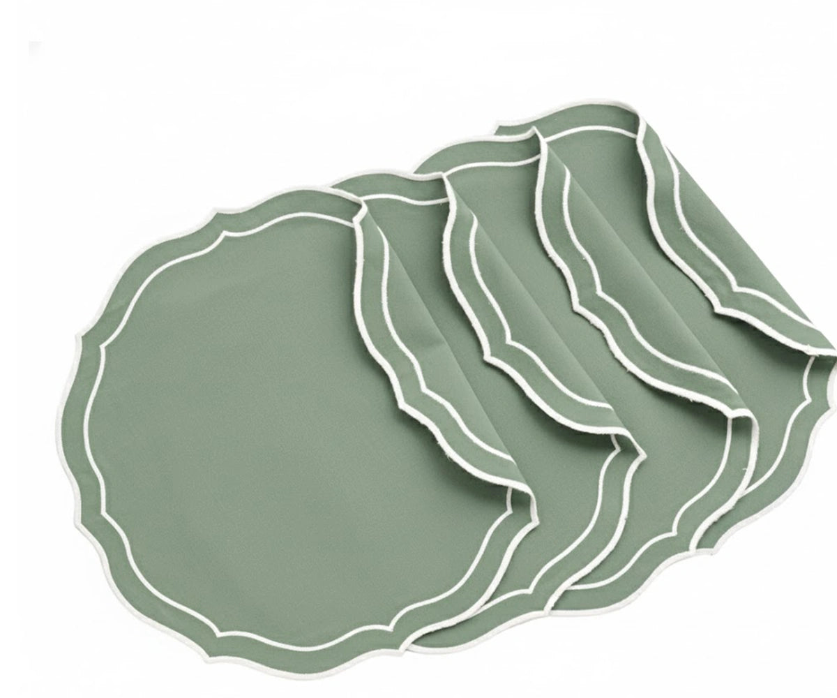 Sage green round woven placemats set of 4 with embroidered scalloped edges, crafted from durable 100% cotton, perfect for everyday dining, spring table settings, and minimalist home décor. Sage green round woven placemats set of 4 with embroidered scalloped edges, crafted from durable 100% cotton, perfect for everyday dining, spring table settings, and minimalist home décor.
