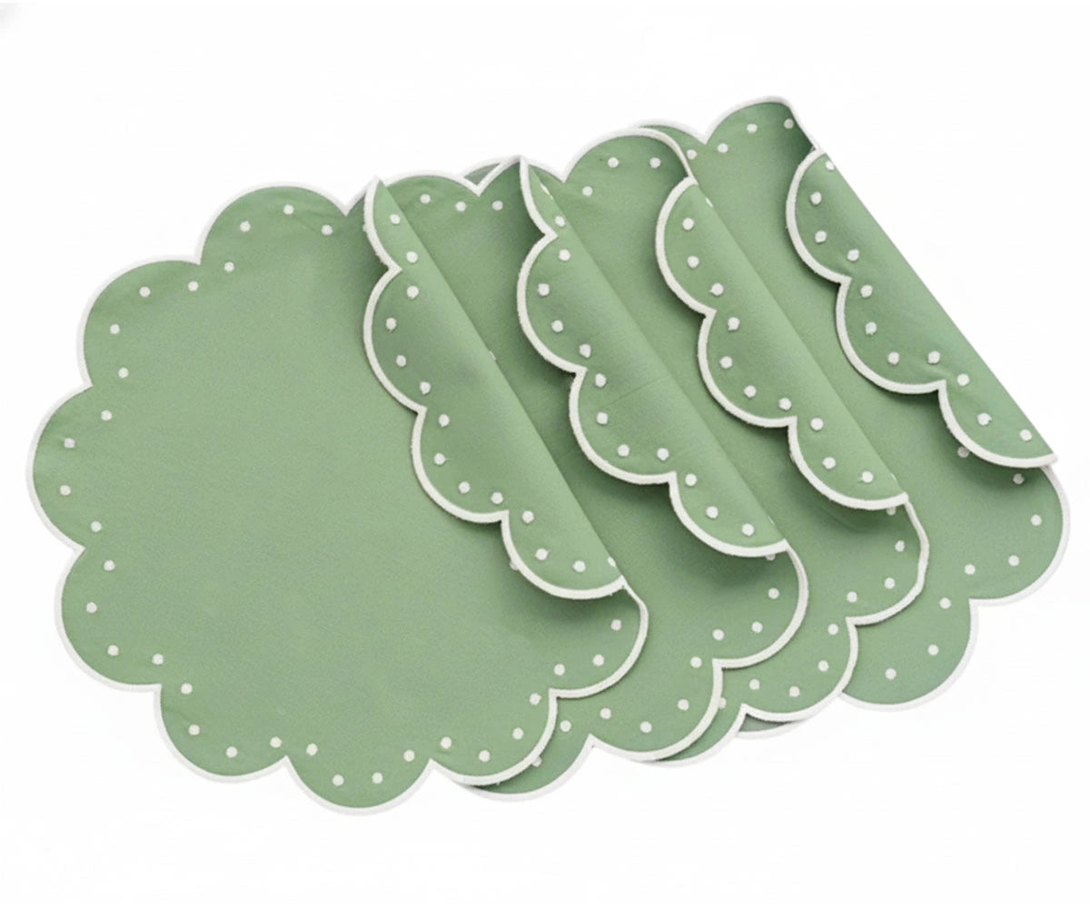 Sage green scalloped placemats with white dotted detailing, luxury round placemats for dining table Sage green scalloped placemats with white dotted detailing, luxury round placemats for dining table