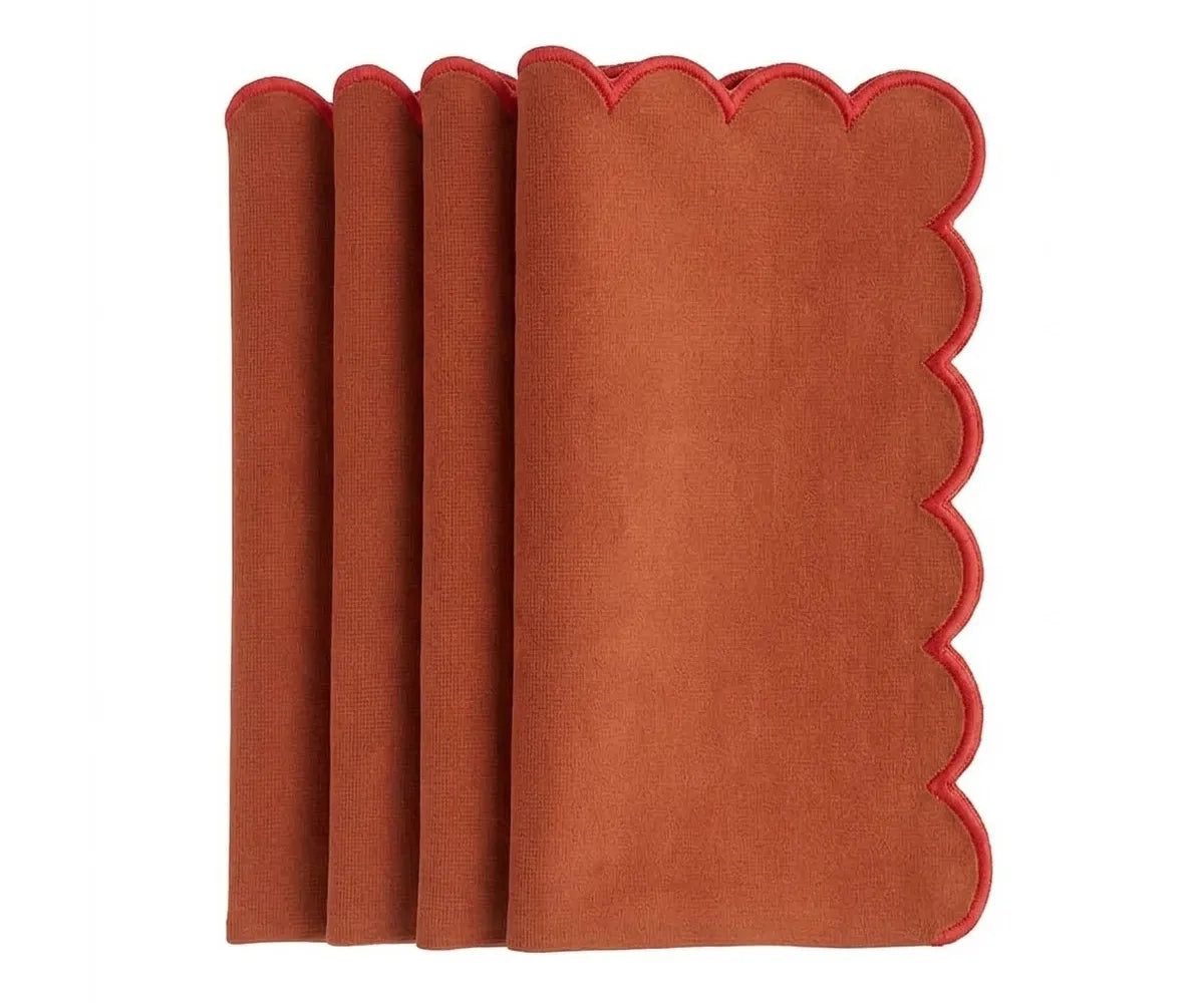 Warm rust orange fabric with scalloped trim detail, modern terracotta textile panel ideal for curtains, table linens, or interior design accents Warm rust orange fabric with scalloped trim detail, modern terracotta textile panel ideal for curtains, table linens, or interior design accents