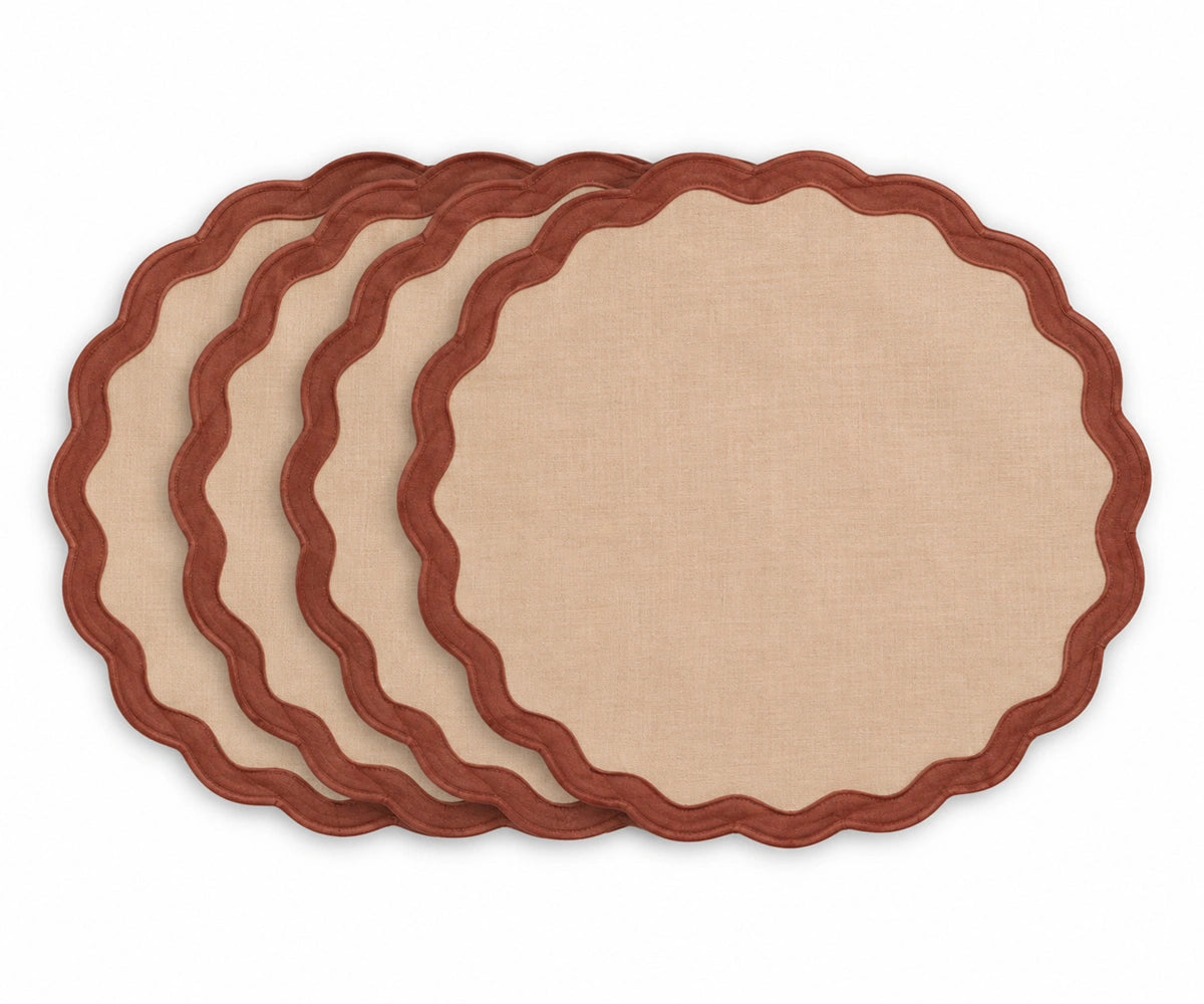 desert sunset cotton placemat with contrasting bordeaux scalloped edge trim, warm fabric table mat for dining room decor, rustic table settings, family dinners, and entertaining guests desert sunset cotton placemat with contrasting bordeaux scalloped edge trim, warm fabric table mat for dining room decor, rustic table settings, family dinners, and entertaining guests