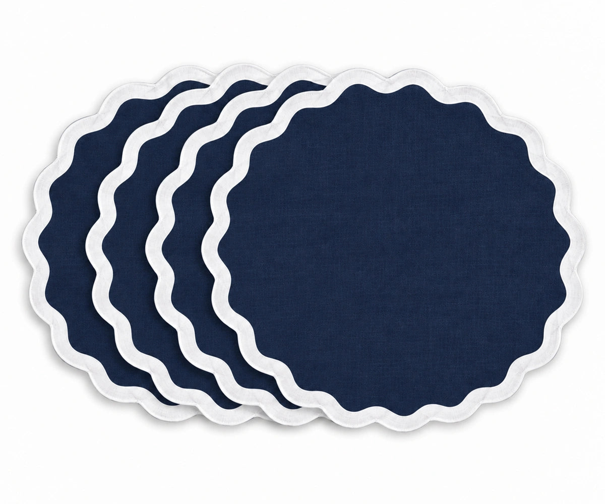 Navy blue cotton dining table placemat with white scalloped border, reusable fabric table accessory for coastal, nautical, farmhouse, traditional, and elegant home dining decor Navy blue cotton dining table placemat with white scalloped border, reusable fabric table accessory for coastal, nautical, farmhouse, traditional, and elegant home dining decor