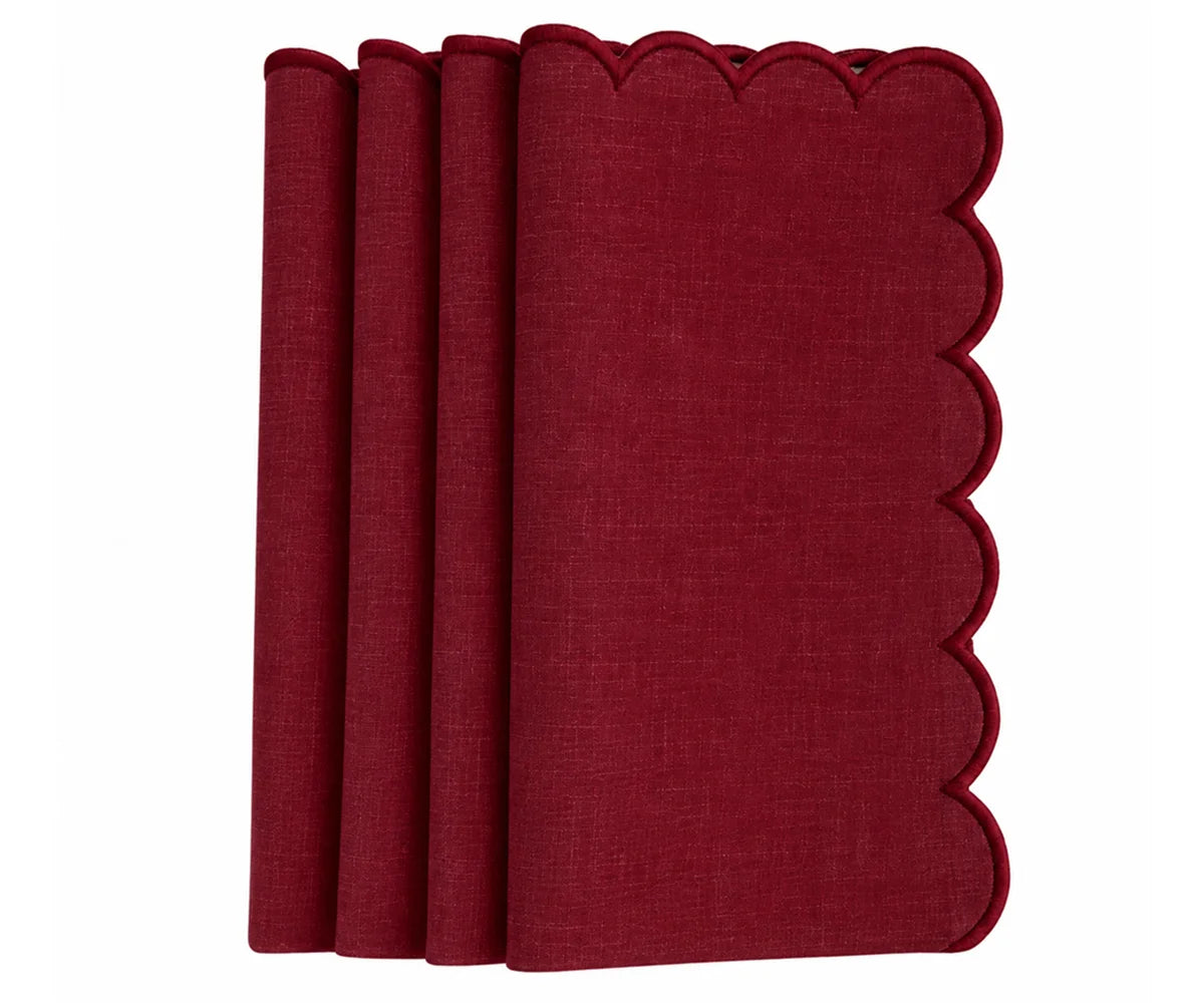 Burgundy cotton dinner napkin with scalloped edges for Thanksgiving, holiday, and elegant dining. Plain burgundy cloth napkin for fall table décor, weddings, and special occasion dinners. Burgundy cotton dinner napkin with scalloped edges for Thanksgiving, holiday, and elegant dining. Plain burgundy cloth napkin for fall table décor, weddings, and special occasion dinners.