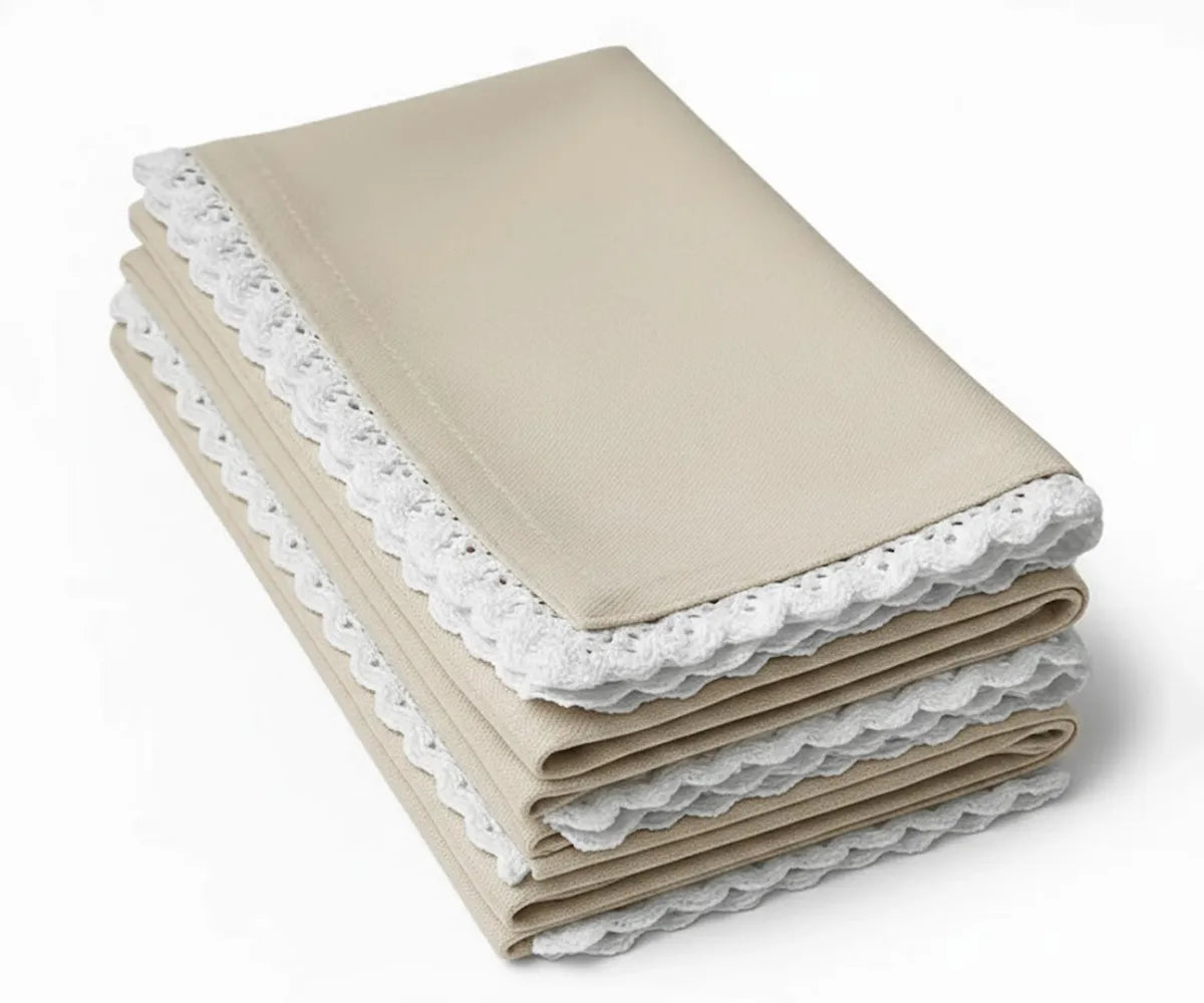 Scalloped cotton cloth napkins with crochet lace trim, reusable fabric dinner napkins for elegant table settings Scalloped cotton cloth napkins with crochet lace trim, reusable fabric dinner napkins for elegant table settings