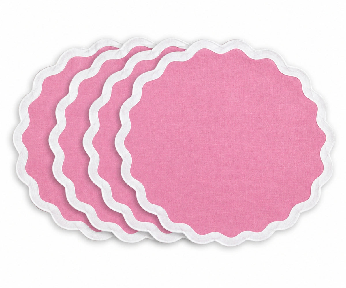 Soft pink cotton dining placemat featuring a white scalloped border, reusable table accessory for cottage, farmhouse, romantic, feminine, baby shower, and elegant table settings Soft pink cotton dining placemat featuring a white scalloped border, reusable table accessory for cottage, farmhouse, romantic, feminine, baby shower, and elegant table settings