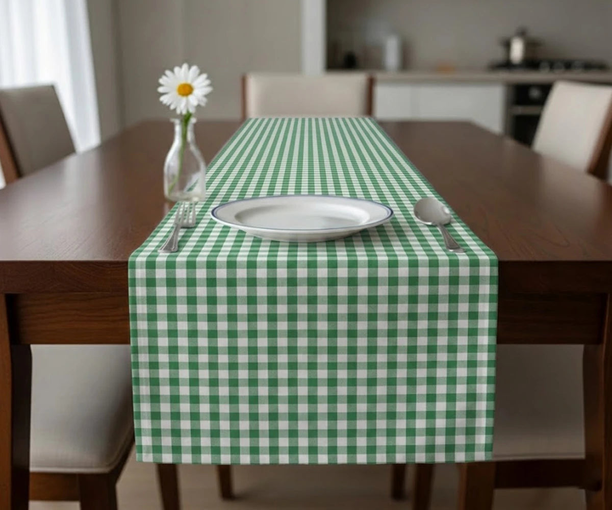 Buffalo checked table runner fabric in sage green and white check pattern Buffalo checked table runner fabric in sage green and white check pattern