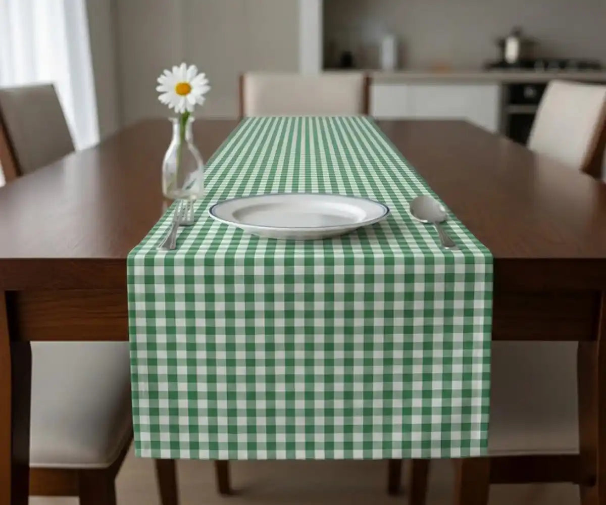 Buffalo checked table runner fabric in sage green and white check pattern Buffalo checked table runner fabric in sage green and white check pattern