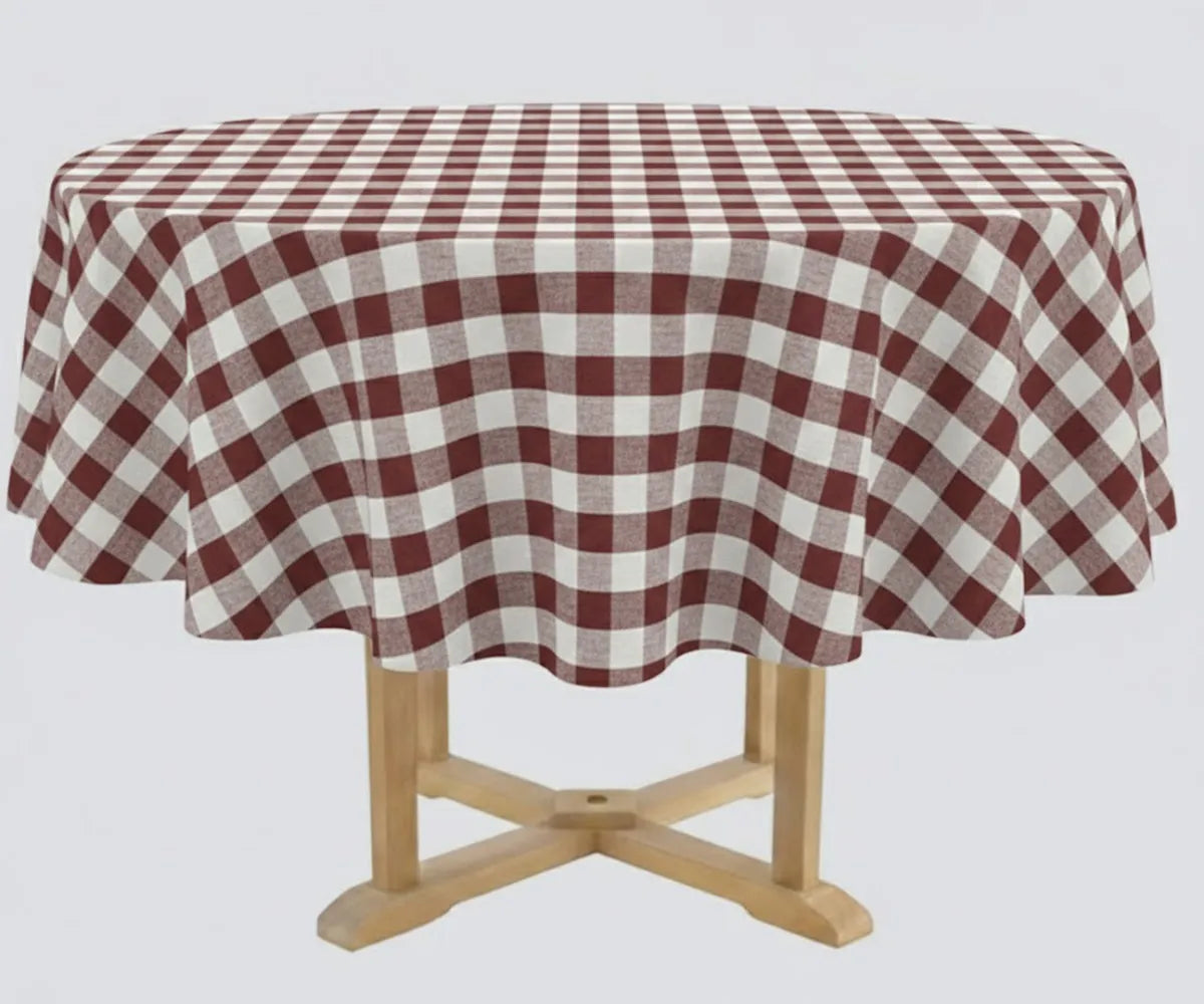 Dark red and white plaid round tablecloth on a dining table, 60 inch cotton farmhouse style Dark red and white plaid round tablecloth on a dining table, 60 inch cotton farmhouse style