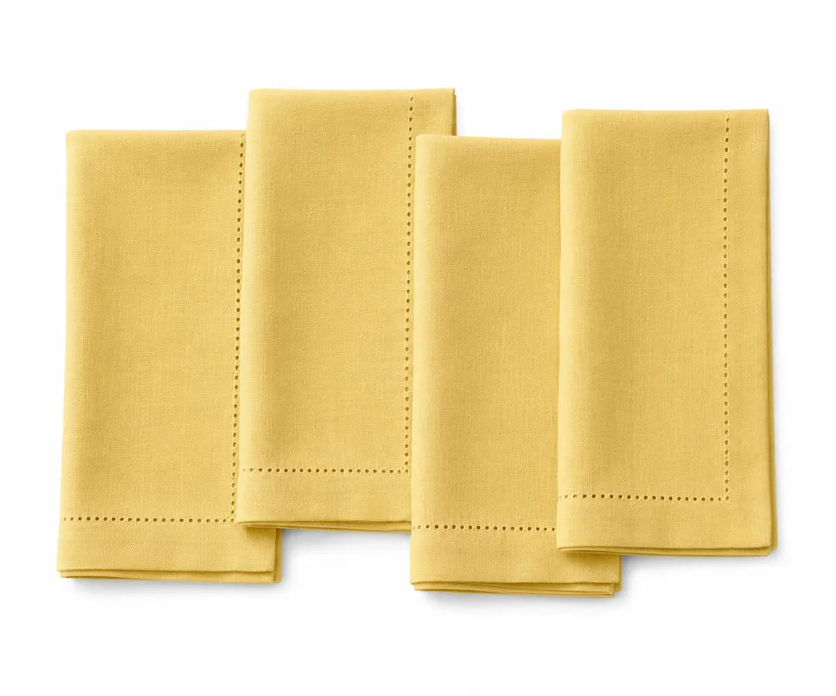 Bright sunflower yellow cotton hemstitch napkins, reusable washable cloth dinner napkins for weddings, festive table décor, parties, and everyday dining. Bright sunflower yellow cotton hemstitch napkins, reusable washable cloth dinner napkins for weddings, festive table décor, parties, and everyday dining.
