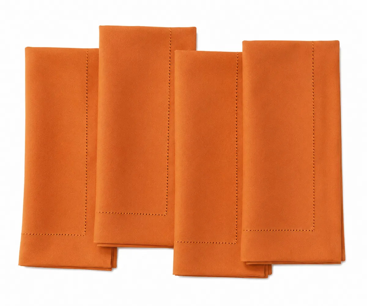 Vibrant tangerine cotton hemstitch napkins, reusable washable cloth dinner napkins for weddings, festive gatherings, holiday tables, and everyday dining. Vibrant tangerine cotton hemstitch napkins, reusable washable cloth dinner napkins for weddings, festive gatherings, holiday tables, and everyday dining.